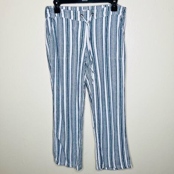 Per Se Linen Blend Pants Medium Blue White Woven Cropped Beach Casual Travel - Picture 1 of 8
